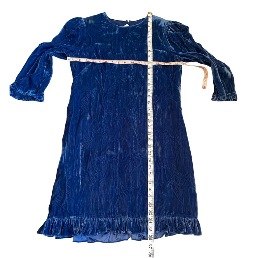 NEW SHOSHANNA Velvet‎ Puff Sleeve Ruffle Hem Mini Dress SZ 8 Blue Winter Holiday - Picture 8 of 9